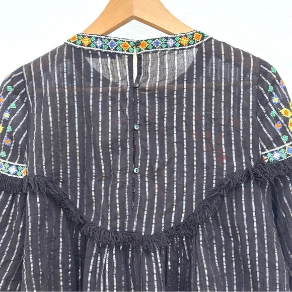 Zara Embroidered Sheer Boho Blouse Fringe Trim Bell Sleeves Festival Black M - Picture 9 of 15